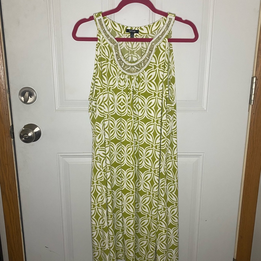 Green and White Design Dress with Beading Accents
